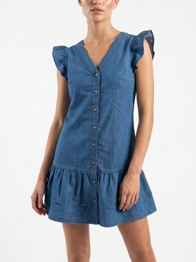 Button-Front Ruffle Hem Chambray Mini Dress - Blue